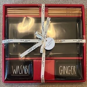 Rae Dunn Sushi Set, with Wasabi and Ginger Compartments, and Chopsticks, Black